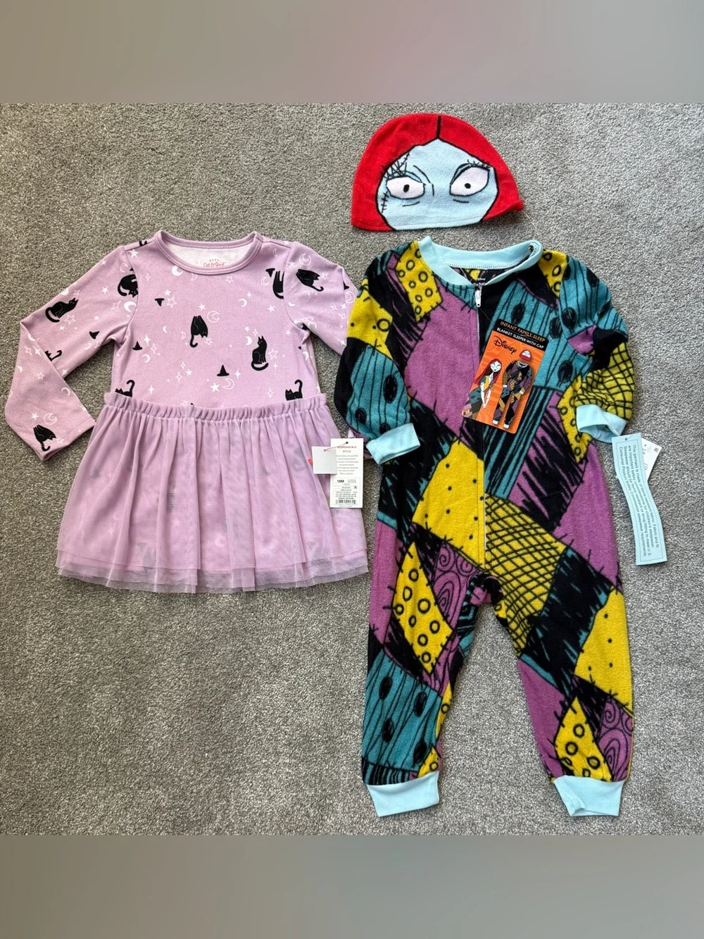 Halloween.  NEW with tags size 18M Sally pjs and a black cat purple dress.